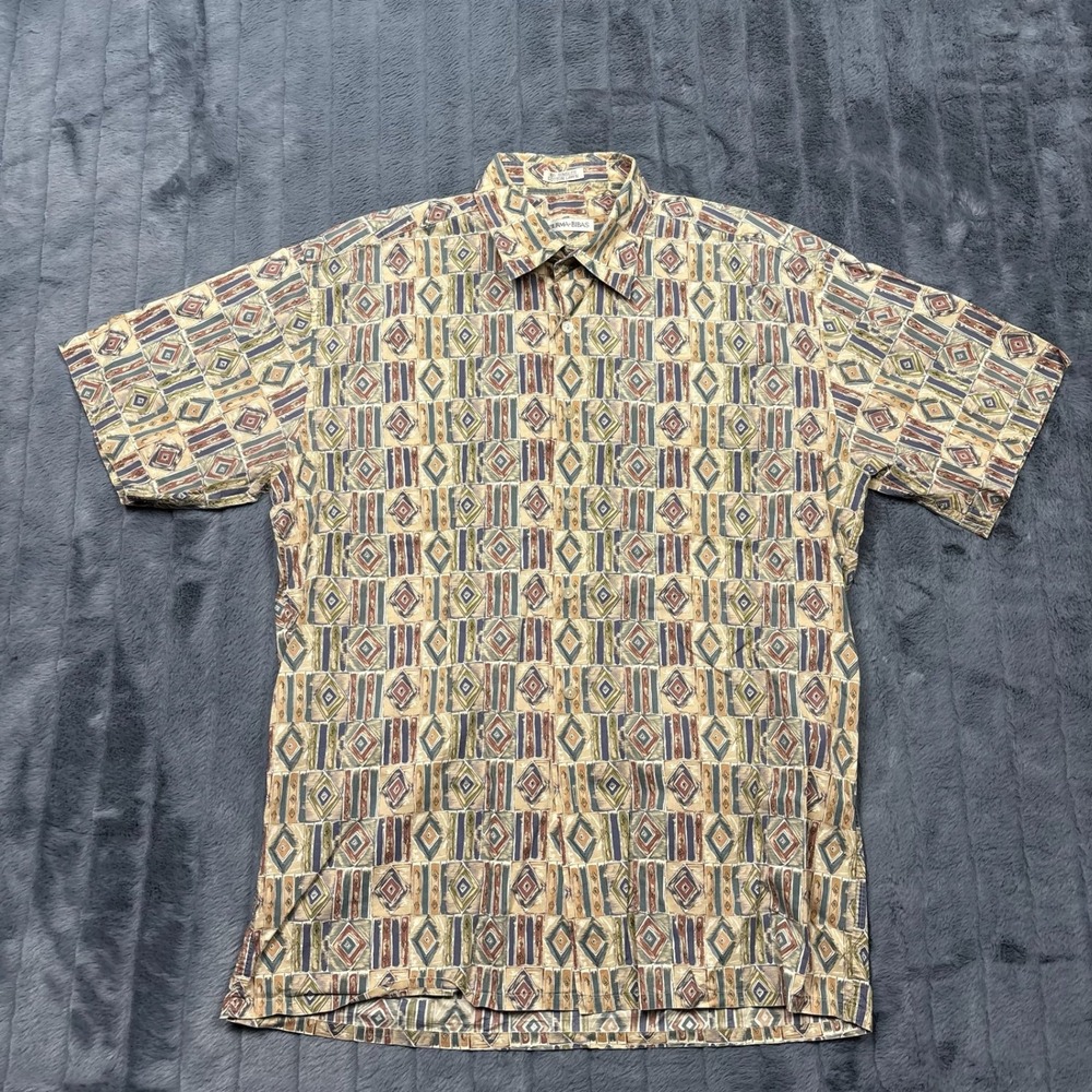Burma Bibas Mens Cotton Lawn Short Sleeve Button Down Geometric Tribal Shirt XL